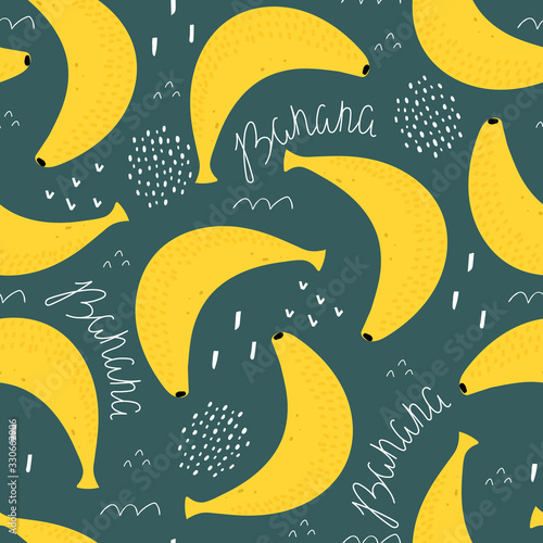 Seamless pattern with cartoon bananas, lettering, decor elements on a neutral background. vector flat style. hand drawing. design for fabric, textile, print, wrapper