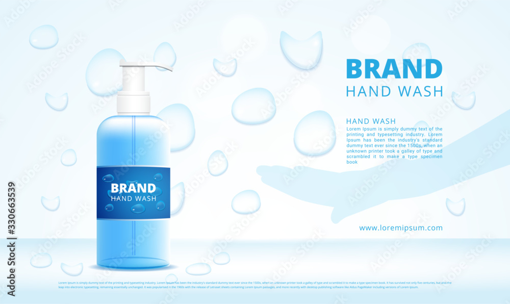 Hand wash gel bottles advertising with dropper and hand silhouette Hand wash gel bottles advertising with dropper and hand silhouette