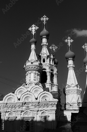 orthodox church in Moscow, black and white photo.