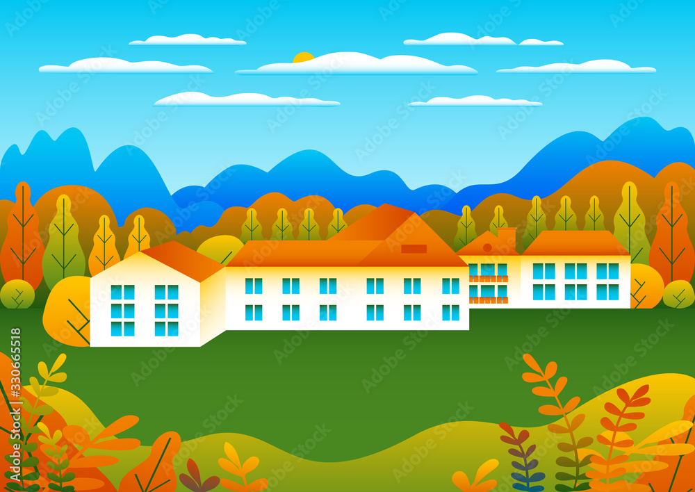 Hills and mountains landscape, house farm in flat style design. Outdoor panorama countryside illustration. Mountains, field, tree, forest, blue sky and sun. Rural location, cartoon vector background Hills and mountains landscape, house farm in flat style design. Outdoor panorama countryside illustration. Mountains, field, tree, forest, blue sky and sun. Rural location, cartoon vector background