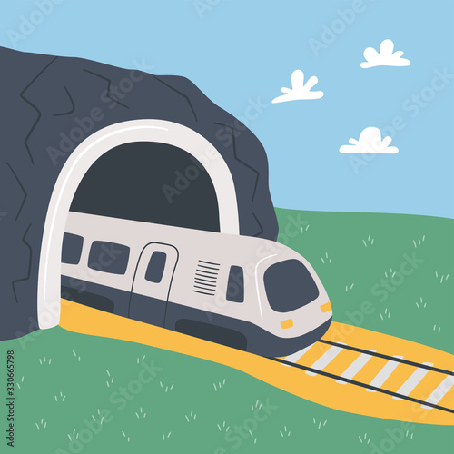 High-speed train and mountain tunnel. Hand drawn vector illustration on the theme of travel and transport