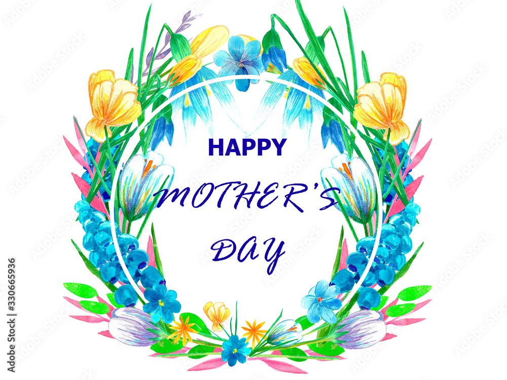Obraz Beautiful watercolor Happy Mother's Day greeting card. Bright colorful floral composition and text Happy Mother's Day.