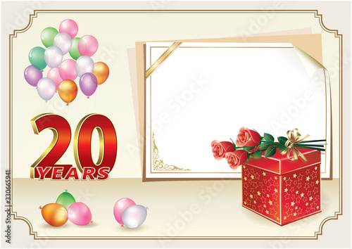 20th years anniversary celebration, vector design with gift box, bouquet of roses and balloons, sheet  paper for message, birthday card