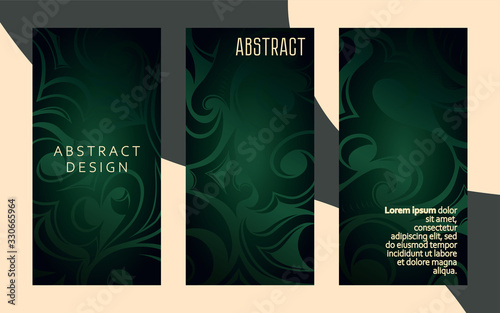 Set of decorative abstract background with floral, tribal elements in damask, Gothic, Baroque style, business card template, print, cover, plastic card, flyer. Royal,luxury green vector illustration