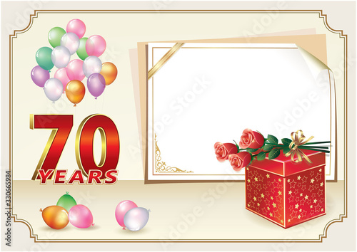 70th years anniversary celebration, vector design with gift box, bouquet of roses and balloons, sheet  paper for message, birthday card
