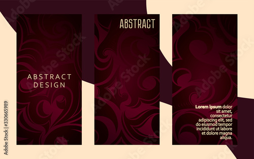 Set of decorative abstract background with floral, tribal elements in damask, Gothic, Baroque style, business card template, packaging, cover, plastic card, flyer. Burgundy, Bordeaux, Marsala vector