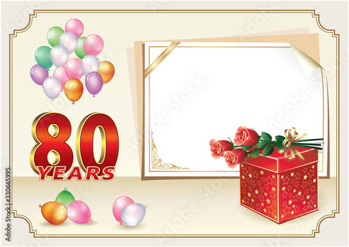 80th years anniversary celebration, vector design with gift box, bouquet of roses and balloons, sheet  paper for message, birthday card