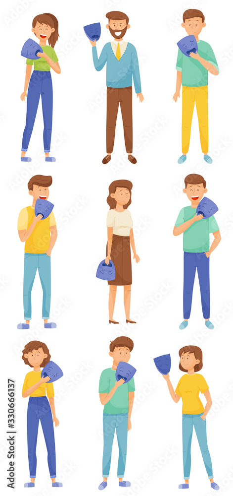 People Characters Expressing Various Emotions Standing and Holding Masks with Opposite Emotions in Their Hands Vector Illustrations Set