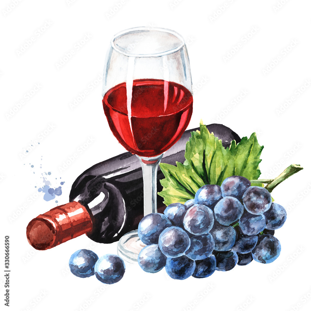 Bottle and glass of Red wine with vine leaves and grape berries. Hand ...