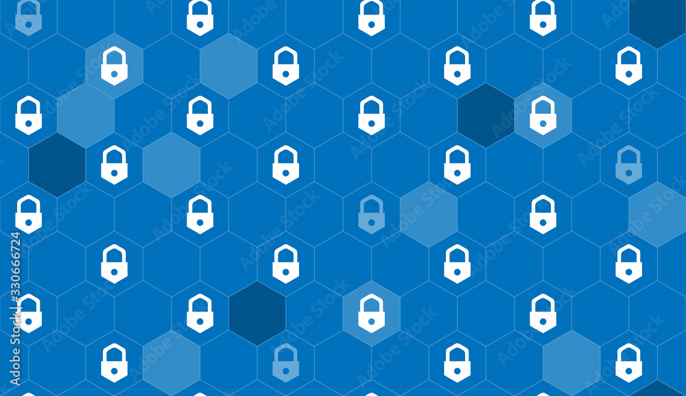 Seamless pattern lock icon hexagon net blue background, cyber security concept.