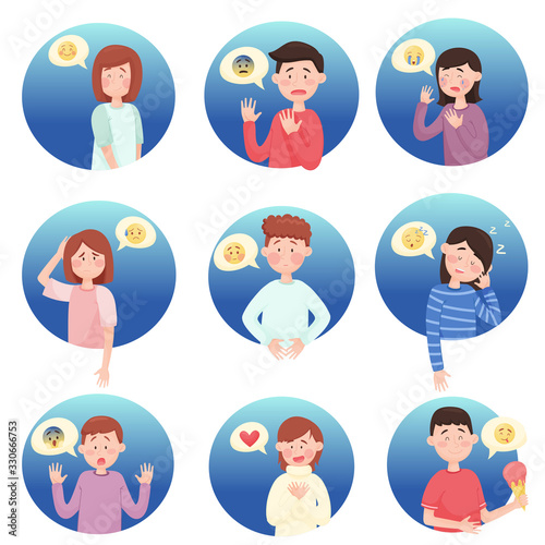 People Expressing Different Emotions Isolated on White Background Vector Illustrations Set