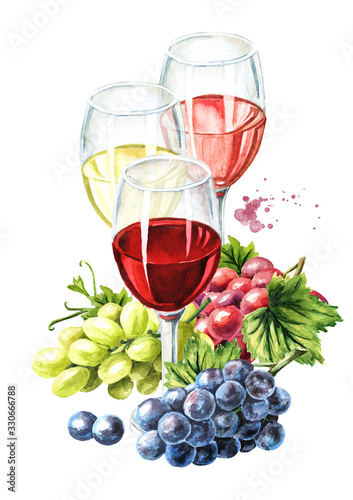 Glasses of Rose, Red and White wine with vine leaves and grape berries. Hand drawn watercolor illustration isolated on white background