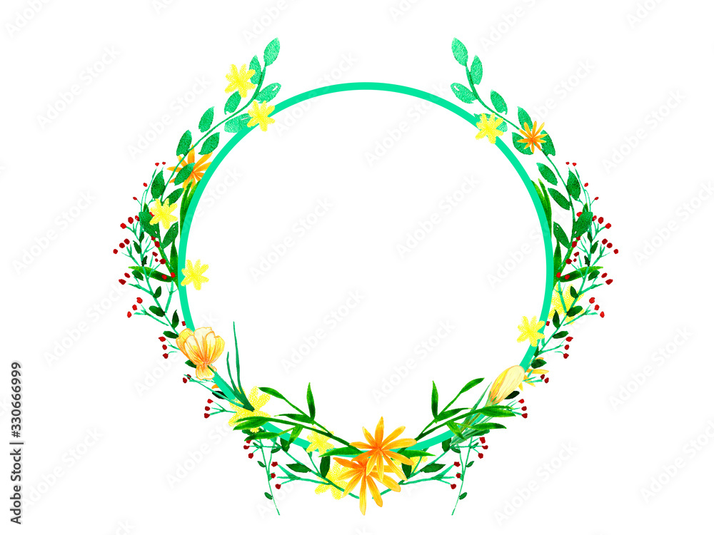 Beautiful bright watercolor floral wreath. Spring flowers, branches, leaves. Hand painted illustration isolated on white background. Perfectly for greeting card design.