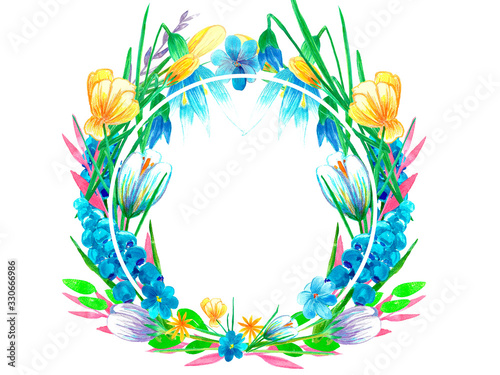 Obraz na płótnie Beautiful bright watercolor floral wreath. Spring flowers, branches, leaves. Hand painted illustration isolated on white background. Perfectly for greeting card design.