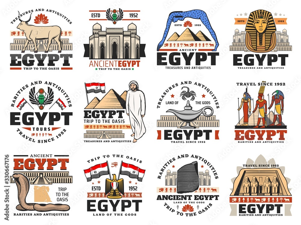 Ancient Egypt icons of Egyptian travel vector design. Pharaoh pyramids ...