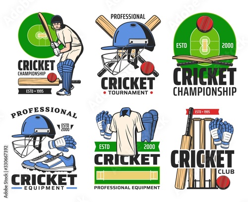 Cricket sport club icons with vector balls, bats and player, wickets and batman on play field with helmets, uniform gloves and leg pads. Cricket game equipment and sporting championship symbols