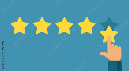 Hand and five star rating. Online positive customer feedback, good service quality. Best result, reputation company flat vector concept