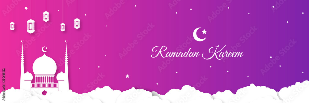 Happy ramadan mubarak greeting concept with mosque lantern moon for ads page template, banner, presentation, social, and print media. Islamic eid fitr or adha flat design vector illustration. Happy ramadan mubarak greeting concept with mosque lantern moon for ads page template, banner, presentation, social, and print media. Islamic eid fitr or adha flat design vector illustration.