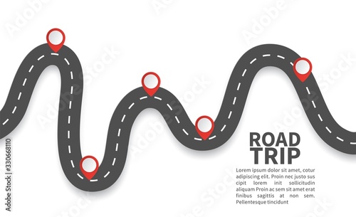 Road with red pins. Navigating, milestone timeline 3d map maps roads vector roadway graphic illustrations graph