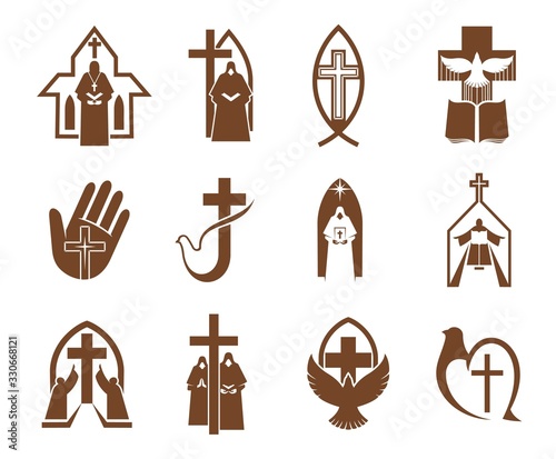 Jesus cross, Bible and dove icons of religion vector design. Christian and catholic churches, prayer, priest and angel, holy book, bird, crucifix and fish brown symbols, faith and religious themes