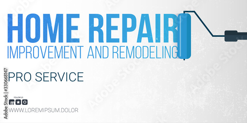 Home Repair Banner. Painting a wall with paint roller.