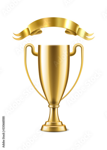 Champion gold cup. Winner golden cup trophy isolated on white background vector realistic award