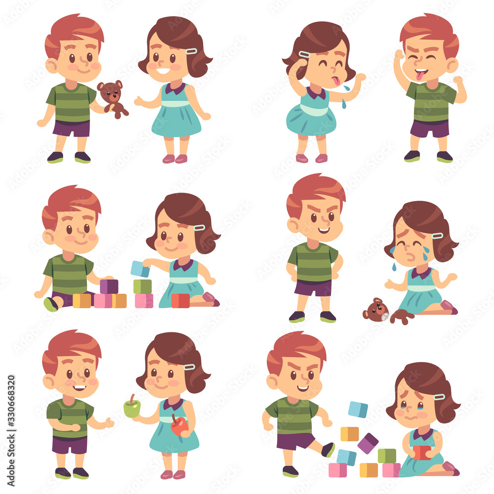 Good and bad behavior. Naughty and obedient kids, angry, aggressive bully and funny, polite manners children, cartoon vector characters