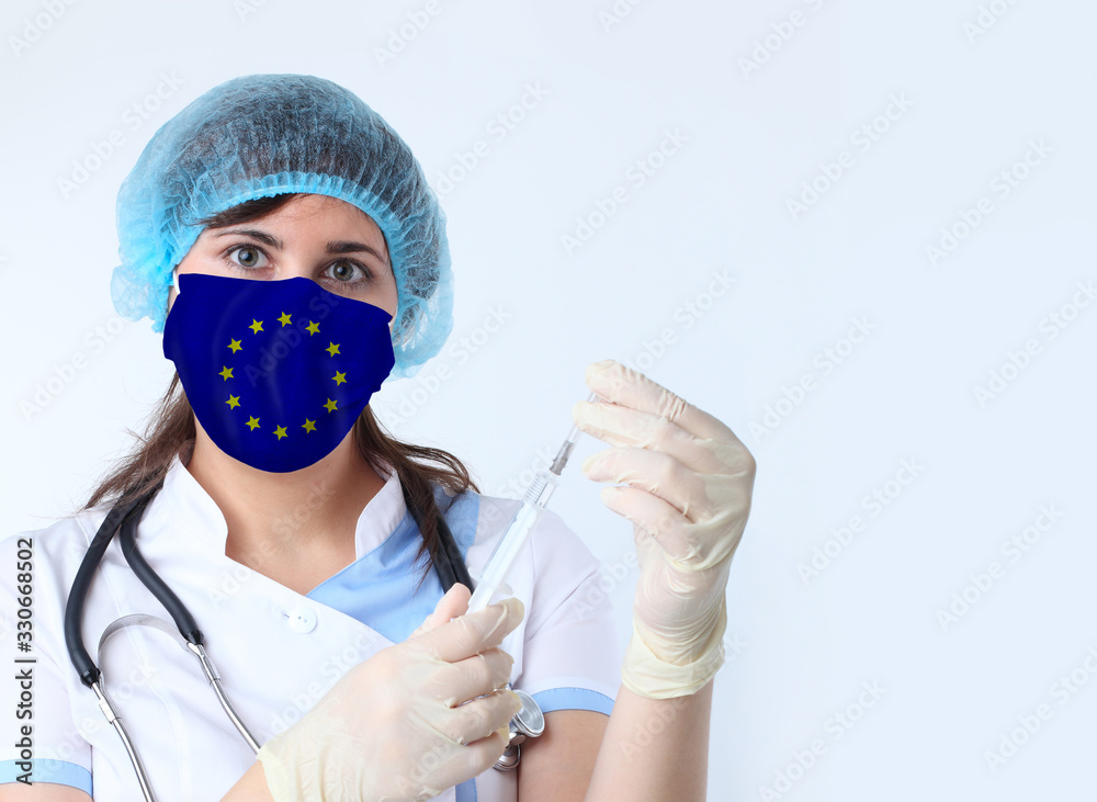 Scientist woman and mask with The European Union flag. Research of viruses in laboratory for prevention of a pandemic in EU Scientist woman and mask with The European Union flag. Research of viruses in laboratory for prevention of a pandemic in EU