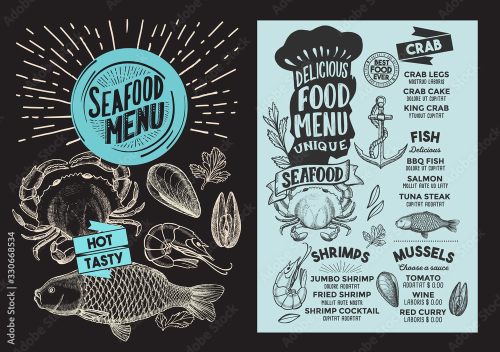 Seafood menu food template for restaurant with doodle hand-drawn graphic.