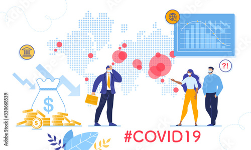 Coronavirus Outbreak World Viral Shedding and Global Economy Crisis, Financial Crash. Stock Market Chart Fall and Upset Businessman, People in Facial Mask. Negative Covid19 Impact on Investment Price