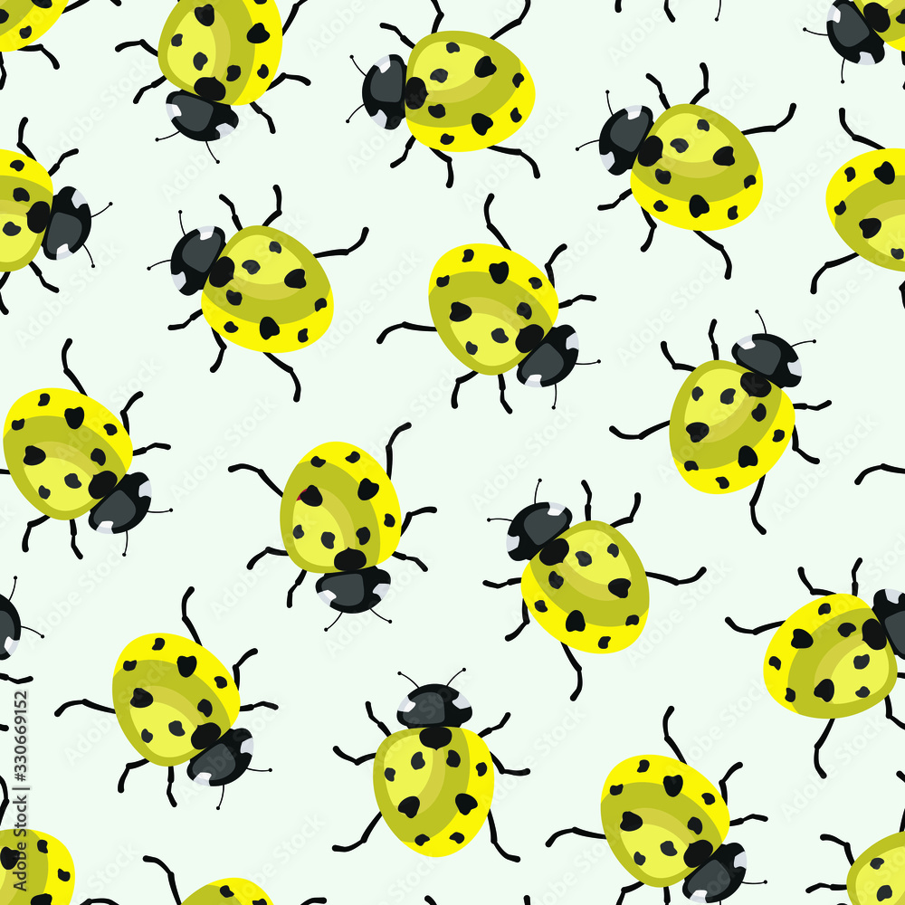 Vector seamless pattern with yellow ladybugs on light green background; cute design for fabric, wallpaper, wrapping paper, textile, web design. Vector seamless pattern with yellow ladybugs on light green background; cute design for fabric, wallpaper, wrapping paper, textile, web design.