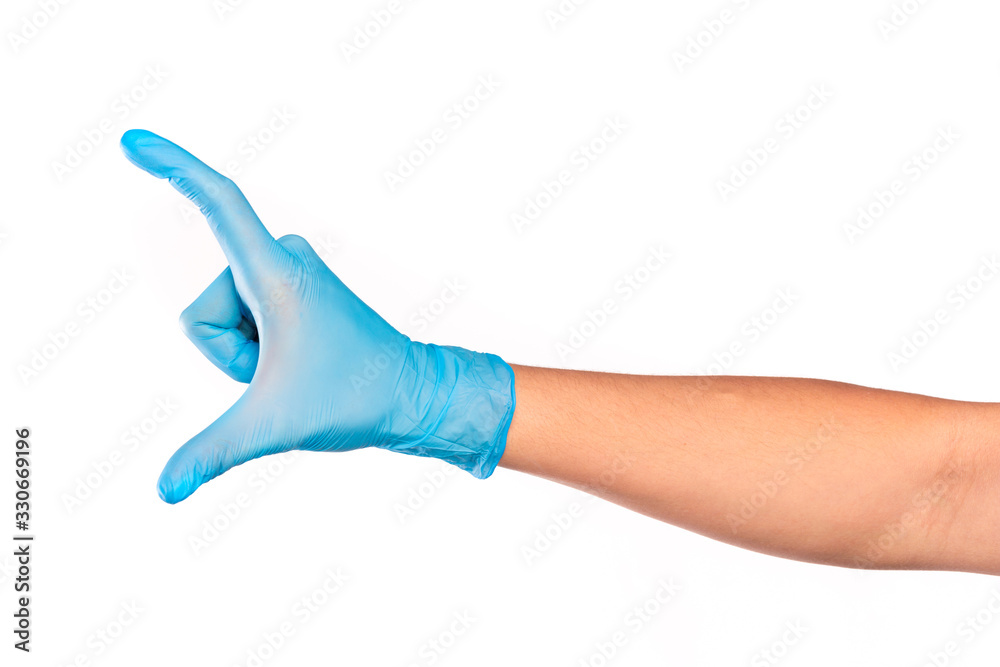 female hand in sterile gloves isolated on white background showing .hand gestures- Image female hand in sterile gloves isolated on white background showing .hand gestures- Image