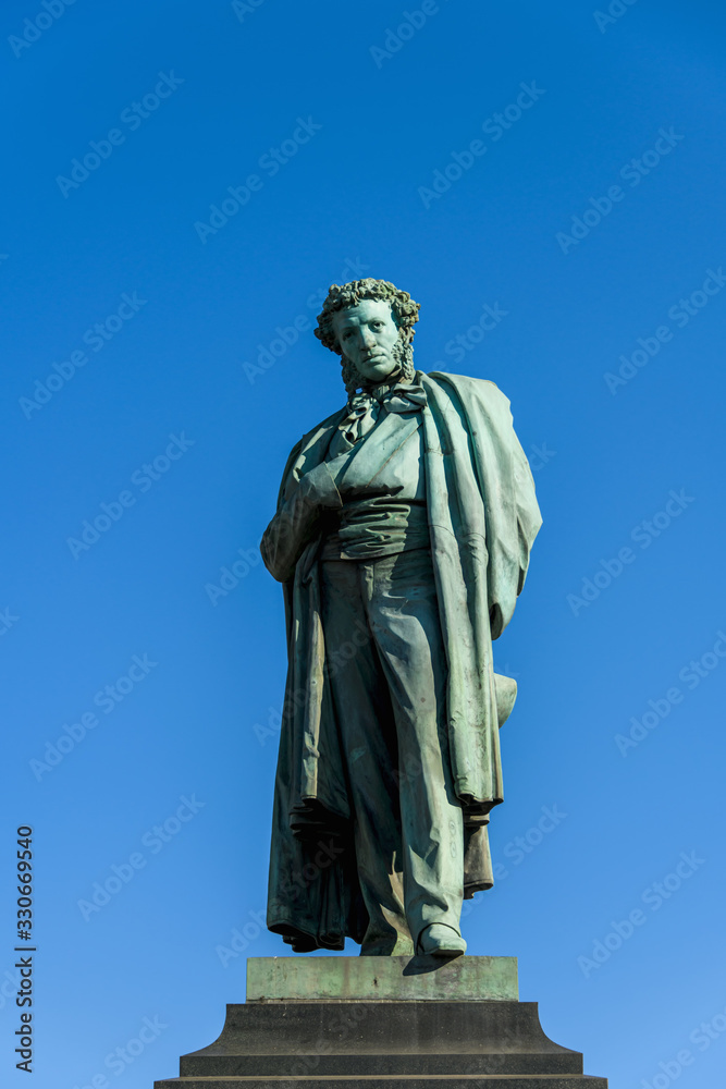 Moscow, Russia, February 2020: monument to the great Russian poet Alexander Pushkin on Pushkin square