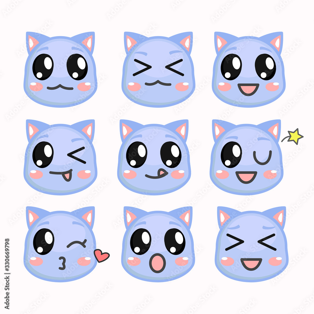 Kawaii blue cats emoji. Funny and cute cats. Vector cute kittens cat.