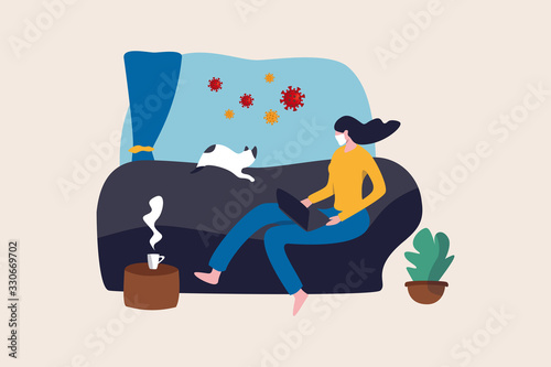 Work from home in COVID-19 virus outbreak, social distancing company allow employee work at home to prevent virus infection, young woman working on sofa with cat look outside to see virus pathogens.