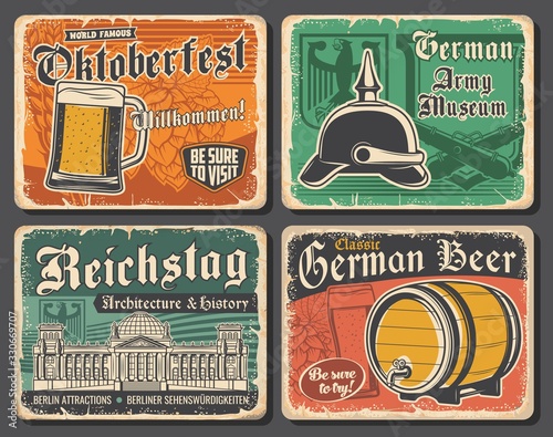 Germany travel landmarks and German Oktoberfest beer vector design. Glass, barrel and tankard of lager or ale alcohol drinks with barley and hops, Reichstag building, heraldic eagle and spiked helmet