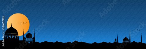 Ramadan kareem background with silhoutte madina mosque and sunrise. Paper cut vector illustration with mosque and moon, place for text greeting card and banner