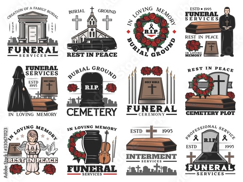 Funeral coffin, cemetery tombstone and cremation urn vector icons of burial and interment service design. Memorial ceremony flower wreaths, Bible and candles, crosses, church and priest, widow, angel