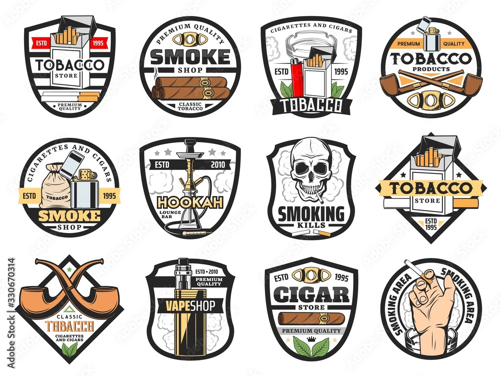 Obraz premium Tobacco store badges with vector cigarette packs, cigars and smoking pipes. Tobacco leaf, bag and smoking skull, ashtray, lighter and hookah, vape, smoker hand and cigar cutter emblems design