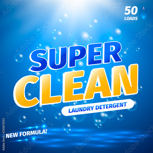 Package design for laundry detergent. Template label for washing powder. Vector illustration.