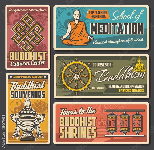 Buddhism religion sacred symbols of vector yin yang, buddhist dharma wheel and Buddha statue, lotus flower, tibetan prayer wheels and temple stupas, treasure vase and endless knot. Meditation school