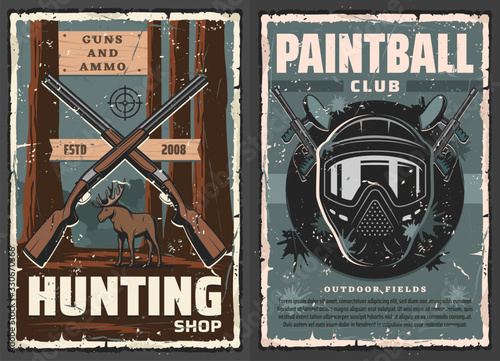 Paintball and hunting sport equipment vector design. Hunter rifles, player guns or markers and protective mask, shotgun target and moose animal at forest retro posters of sport club and weapon store