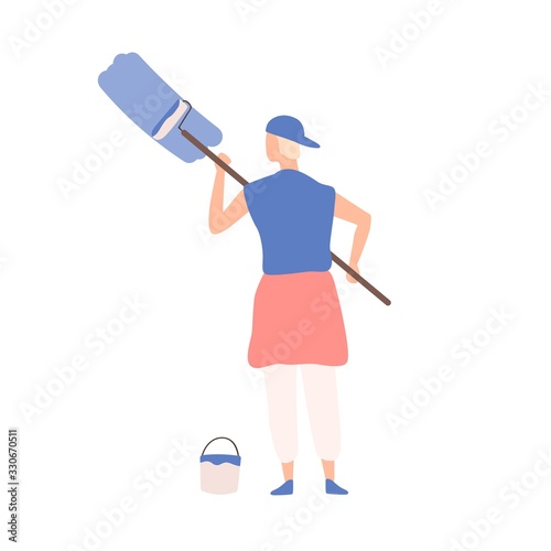 Creative teenage male painting or writing advertising text on wall vector fla...