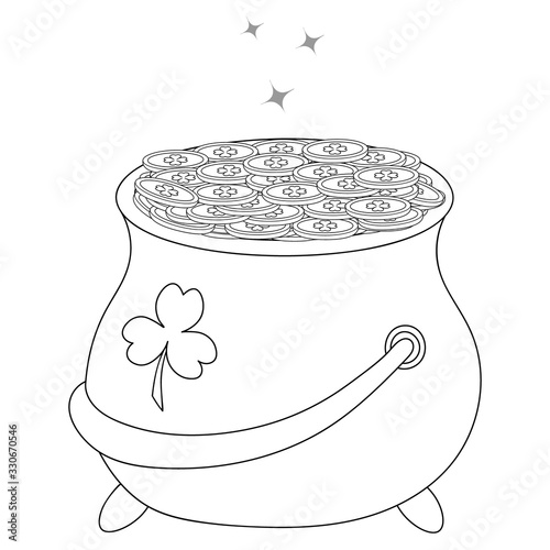 Pot of leprechaun gold. Sketch. Coins glisten in the pot. Money with clover emblem. Vector illustration. Coloring book. Outline on an isolated white background. Decoration for Saint Patrick day. 