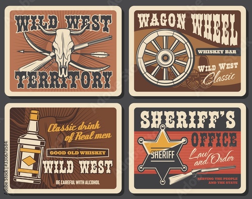 Wild West bull skulls, western sheriff guns and star badge vector design. Native american arrow and bow, ranger rifle, old covered wagon, wooden wheel and Texas saloon whiskey vintage posters