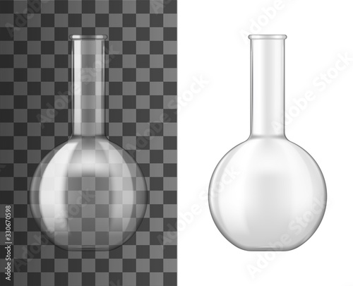 Laboratory glass flask or beaker 3d vector design of chemical lab glassware equipment. Realistic empty boiling flask of chemistry science experiments, biology or medicine tests, pharmacology research