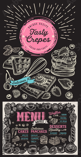 Waffle and pancake menu template for restaurant with doodle hand-drawn graphic.