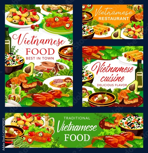 Vietnamese cuisine vector dishes with baked fish, vegetable rice and beef pho bo, noodle mushroom soup, grilled cutlet and pork, peppers stuffed with cheese and pancake rolls. Asian restaurant banners