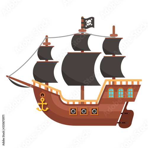 Wooden pirate buccaneer filibuster corsair sea dog sailing ship isolated on white flat design vector illustration