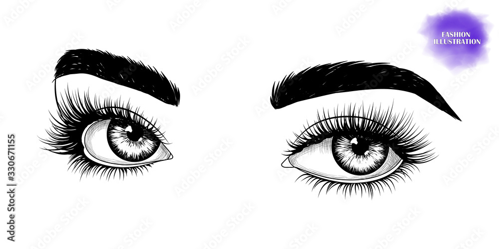 Fashion illustration. Black and white hand-drawn image of eyes with eyebrows and long eyelashes. Vector EPS 10.